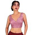 FIGURE'S DESIGNER Women's Sequin Embroidered SabyaSachi Cut Sweetheart V Neck Sleeveless Readymade Saree Blouse E30