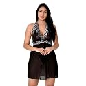 Women's Solid Net Lace Blend Above Knee Halter, Neck Sleeveless Chemise Babydoll Honeymoon Lingerie with G String.