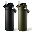 Fijinhom 18 oz Insulated Water Bottle with Straw Lid, Stainless Steel Water Bottles, Double Wall Vacuum, Portable Handle &amp; Non-slip Bottom, BPA Free Leak Proof Metal Bottles (Black+Green, 2pack)
