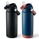 Fijinhom 18 oz Insulated Water Bottle with Straw Lid, Stainless Steel Water Bottles, Double Wall Vacuum, Portable Handle &amp; Non-slip Bottom, BPA Free Leak Proof Metal Bottles (Black+Sapphire, 2pack)
