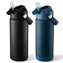 Fijinhom 18 oz Insulated Water Bottle with Straw Lid, Stainless Steel Water Bottles, Double Wall Vacuum, Portable Handle &amp; Non-slip Bottom, BPA Free Leak Proof Metal Bottles (Black+Dark Blue, 2pack)