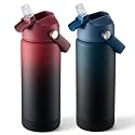 Fijinhom 18 oz Insulated Water Bottle with Straw Lid, Stainless Steel Water Bottles, Double Wall Vacuum, Portable Handle &amp; Non-slip Bottom, BPA Free Leak Proof Metal Bottles (Red+Black/Blue, 2pack)