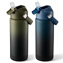 Fijinhom 18 oz Insulated Water Bottle with Straw Lid, Stainless Steel Water Bottles, Double Wall Vacuum, Portable Handle &amp; Non-slip Bottom, BPA Free Leak Proof Metal Bottles (Green+Black/Blue, 2pack)