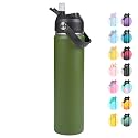 Fijinhom 24oz Insulated Stainless Steel Water Bottle, Wide Mouth Double Wall Vacuum, Silicone Straw, Sweat &amp; Leak Proof, BPA Free Insulated Water Flask for Travel, Keep Cold 24h Hot 12h, Green
