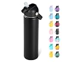 Fijinhom 24oz Insulated Stainless Steel Water Bottle, Wide Mouth Double Wall Vacuum, Silicone Straw, Sweat &amp; Leak Proof, BPA Free Insulated Water Flask for Travel, Keep Cold 24h Hot 12h, Black