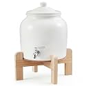 FillTouch Ceramic Water Dispenser Crock Water Dispenser with Wood Stand 304 Stainless Steel Faucet, Valve and Lid for 3 to 5 Gallon Jugs Porcelain Cooler Home Office Indoor Outdoor (White)