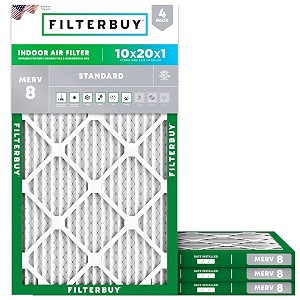 filterbuy 10x20x1 merv 8 pleated ac furnace air filter pack of 4 filters 10x20x1  silver
