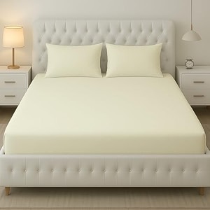 filymore 240 tc cream solid microfiber double bedsheet with 2 pillow covers queen size 90x90 inches