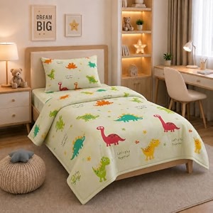 filymore kids green dinosaur bedding set for single bed  1 single bedsheet 90 x 60 inches with 1 pillow cover amp 1 comforter 90 x 60 inches  soft microfiber dinosaur print bed set for boys amp girls
