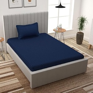 filymore stripe navy blue bedsheet for single bed 90x60 inches with one pillow covers made of 300 tc microfiber solid satin striped design perfect for single bed size