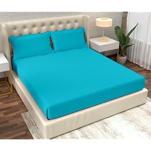 filymore satin stripe aqua bedsheet for doubleking size bed 90x95 inches with two pillow covers made with 300 tc microfiber solid satin striped design perfect for double bed size