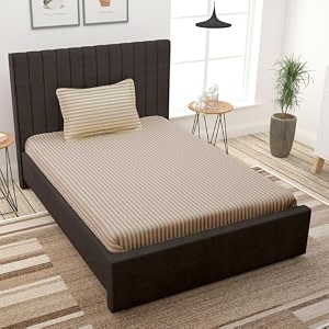 filymore satin stripe cream bedsheet for single bed 90x60 inches with one pillow covers made of 300 tc microfiber solid satin striped design perfect for single bed size