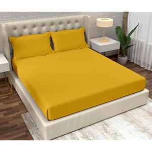 filymore stripe yellow bedsheet for doubleking size bed 90x95 inches with two pillow covers300 tc microfiber solid satin striped design perfect for standred size bed