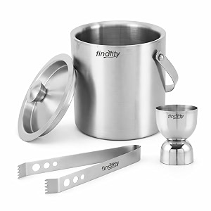 finality premium stainless steel ice bucket with tongs and jigger  1 litre double walled insulated ice box for bar home amp parties silver matte ib  tong  jigger