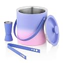 FINALITY Stainless Steel Double Walled Insulated Ice Bucket with Lid with Tong and V Peg Measure, 1.5 Liter (Blue & Pink)