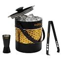 FINALITY Stainless Steel Double Walled Insulated Ice Bucket with Lid with Tong and V Peg Measure, 1.5 Liter| (Black with Gold Hammered IB+Tong+Peg Measure)
