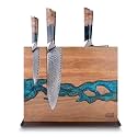 FINDKING Magnetic Knife Block, Double Sided Holder, Powerful Magnet Kitchen Storage, Acacia Wood and Blue Resin (12 x 10 Inches, Without Knives)