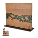 FINDKING Magnetic Knife Block, Double-Sided Knife Holder with Strong Magnets, Acacia Wood and Golden Green Resin, Countertop Kitchen Knife Storage Stand (12 × 10 Inches, Without Knives)