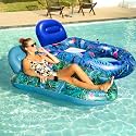 FindUWill Pool Floats Chairs Adult - 65'' x 42'' Large Pool Float Chairs, Inflatable Pool Lounger with Cup Phone Holder, Backrest, Footrest, Tanning Pool Lounge