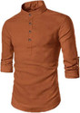 FINFOL Solid Cotton Blend Straight Kurta for Men (Brown)