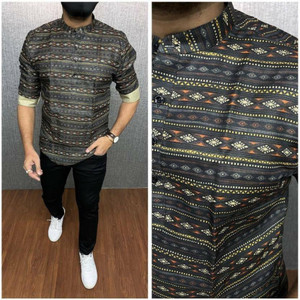 finfol striped cotton blend straight kurta for men black