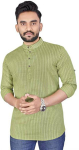 finfol striped cotton blend straight kurta for men light green