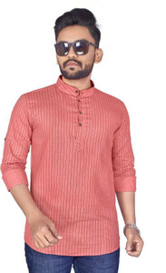 finfol striped cotton blend straight kurta for men pink