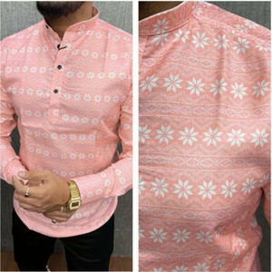 finfol striped cotton blend straight kurta for men pink white