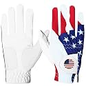 FINGER TEN Golf Gloves Men Left Hand Right Leather with Ball Marker USA Flag Pack, Mens Golf Glove All Weather Grip, Fit Size Small Medium ML Large XL (USA Flag, Large, Right)