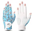 FINGER TEN Golf Gloves Women Left Right Hand Leather with Ball Marker Value Pack, Colored Glove for Ladies Right Left Handed Golfer All Weather Grip (Half-Iris, Medium, Left)