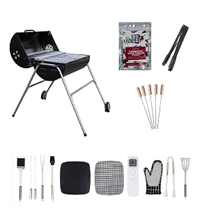 wheelgrill drum barbeque grill with accessories for home  large cooking area additional warming rack  barrel style charcoal griller bbq with set of 10 premium accessories