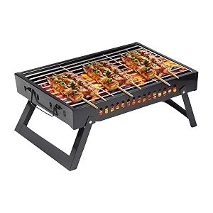 grillporter briefcase barbeque with accessories for home - traveler foldable charcoal barbeque portable barbque with 6 skewers tong airblower spiceswooden cleaning brush
