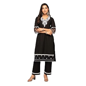 FIORRA Womens Balck Cotton Floral Embroidery Straight