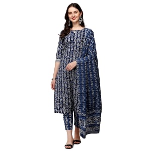 FIORRA Womens Blue Pure Cotton Straight Kurta