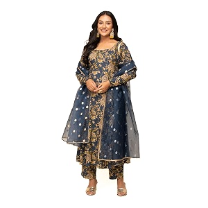 FIORRA Womens Navy Blue Cotton A-line Kurta