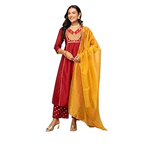 FIORRA Womens Red Silk Blend A-Line Kurta