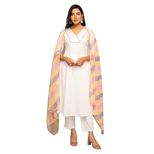 FIORRA Womens White Cotton A-line Kurta with