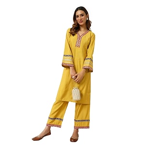 FIORRA Womens Yellow Chanderi Straight Kurta and