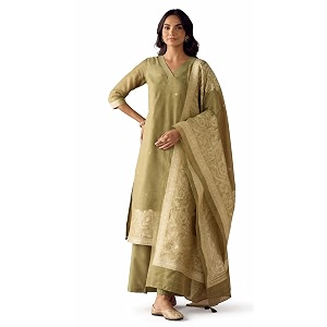 FIORRA Women Green Cotton Jacquard Woven Kurta