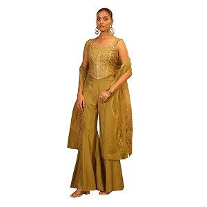 FIORRA Women Olive Green Viscose Chanderi Embroidered