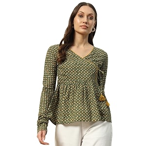 FIORRA Womens Green Cotton Top with Lace