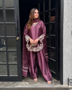 firewave pure natural crepe fabric kurti with plazzo and dupatta set embroidered kurta palazzo  dupatta set