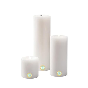 first row aromatic fables vanilla scented white color pillar wax candles with fiber tray stand size 8x6x3 inch set of 3