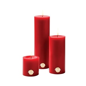first row aromatic fables rose scented red color pillar wax candles with fiber tray stand size 8x6x3 inch set of 3