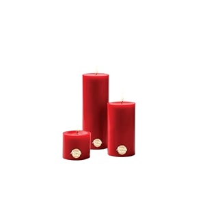 first row aromatic fables rose scented red color pillar wax candles with fiber tray stand size 8x6x3 inch set of 3