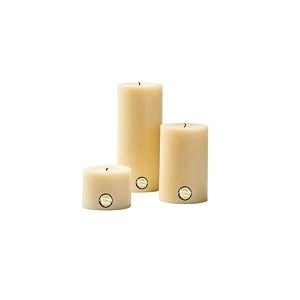 first row aromatic fables jasmine scented off-white color pillar wax candles with fiber tray stand size 4x3x2 inch set of 3