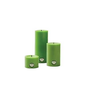 first row aromatic fables magnet scented light green color pillar wax candles with fiber tray stand size 4x3x2 inch set of 3