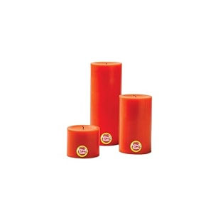 first row aromatic fables orange scented orange color pillar wax candles with fiber tray stand size 4x3x2 inch set of 3