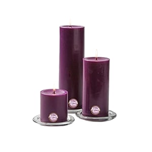 first row aromatic fables charley scented purple color pillar wax candles with fiber tray stand size 8x6x3 inch set of 3