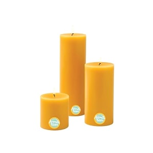 first row aromatic fables bosco pond scented yellow color pillar wax candles with fiber tray stand size 8x6x3 inch set of 3